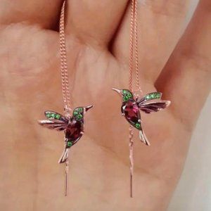 18k Rose Gold Plated Red & Green Diamond Hummingbird Drop Earrings